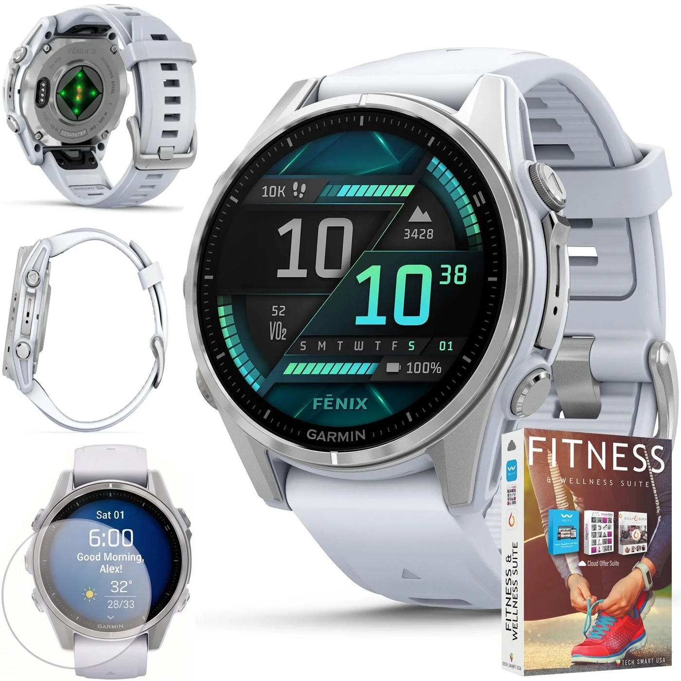 Garmin Fenix 8 43 mm, AMOLED, Silver w/ Whitestone Silicone Band + Fitness Bundle