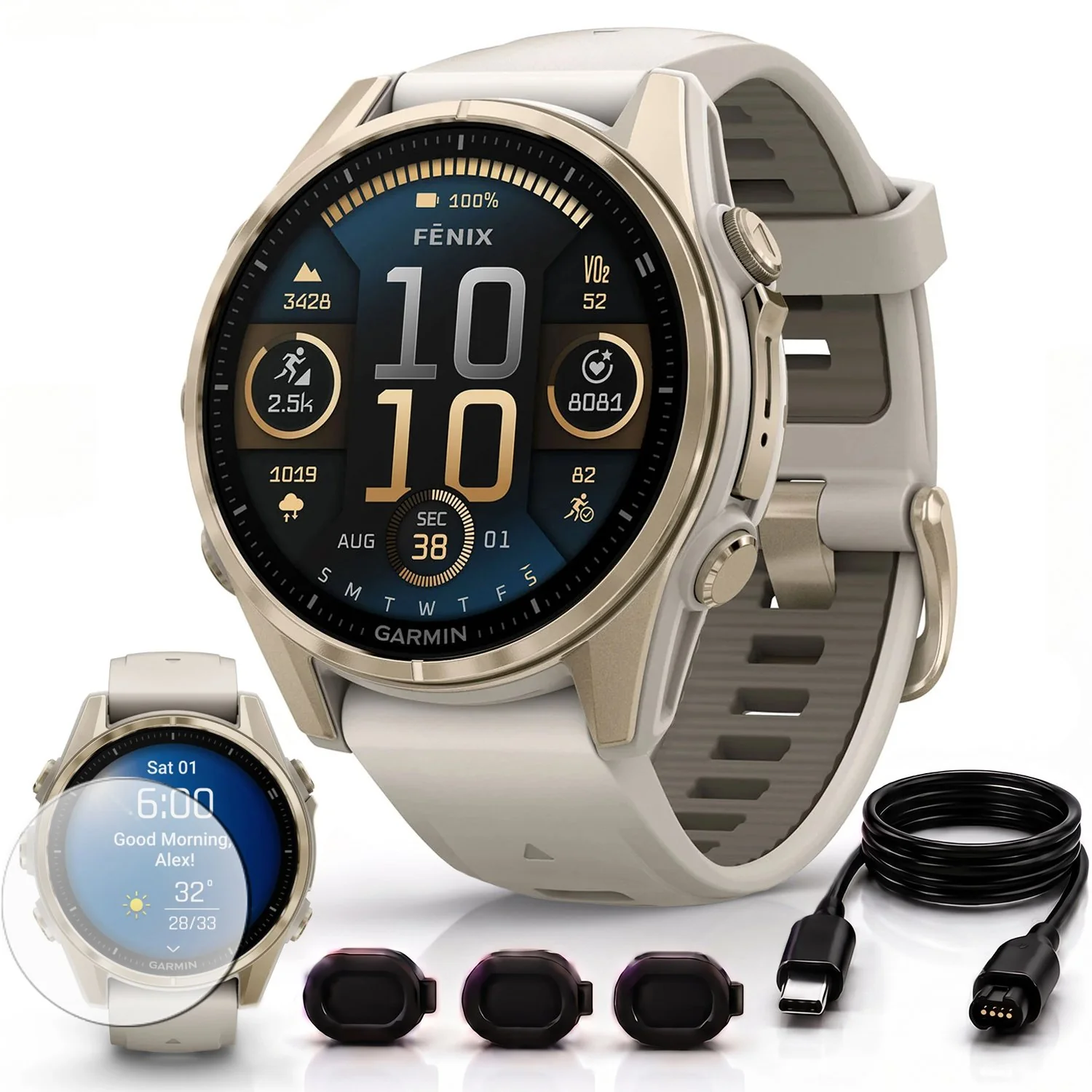 Garmin Fenix 8 43mm Smartwatch, AMOLED, Sapphire, Soft Gold + Accessories Bundle