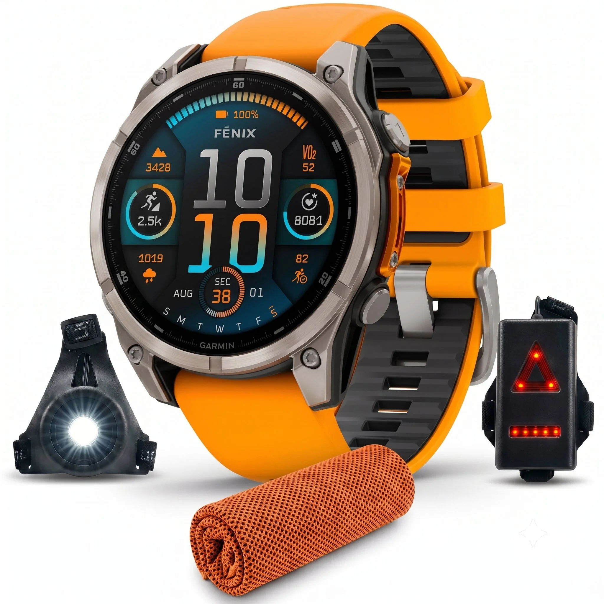 Garmin Fenix 8 47 mm AMOLED Sapphire Titanium with Orange Band + Towel & Light
