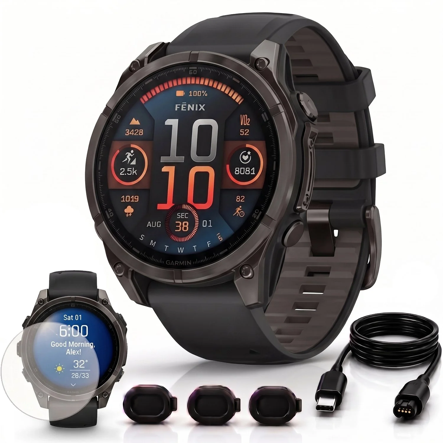 Garmin Fenix 8 47mm Smartwatch, Sapphire, Carbon Gray Titanium + Accessories Bundle