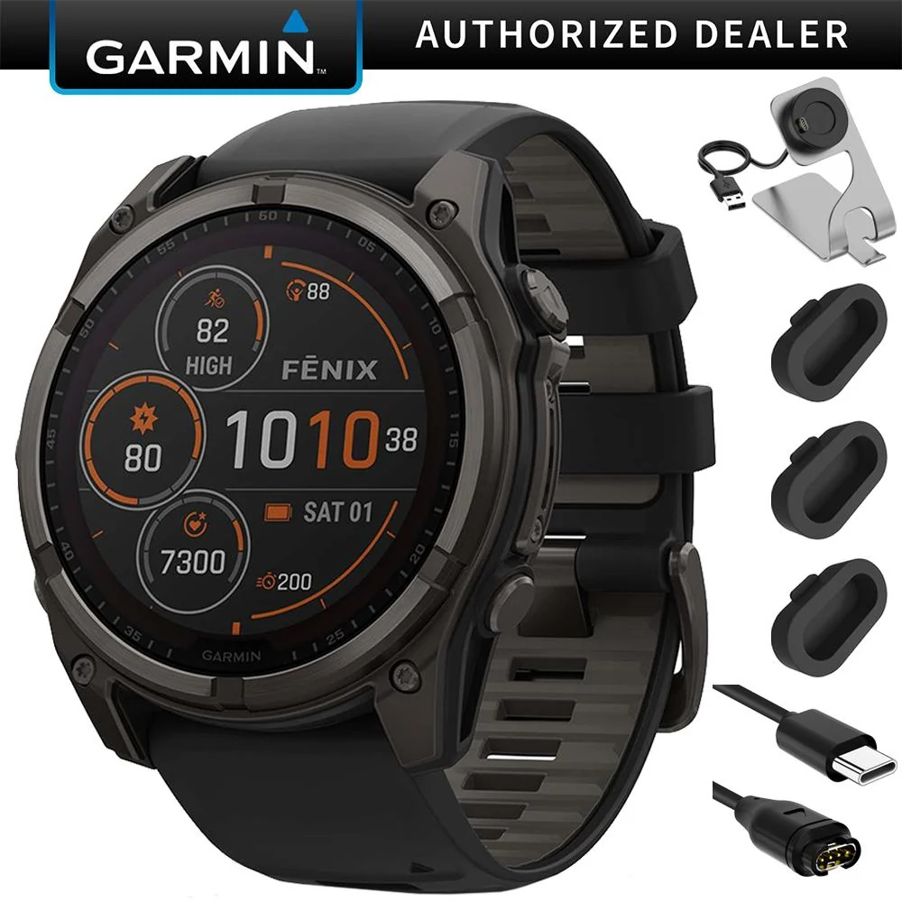 Garmin Fenix 8 51mm Solar Sapphire, Carbon Gray + Charging Dock + Dust Cover Bundle