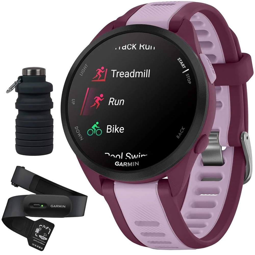 Garmin Forerunner 165 Music Smart Sport Watch, Berry + Lilac w/ HRM 200 (XS-S) Bundle - Image 2