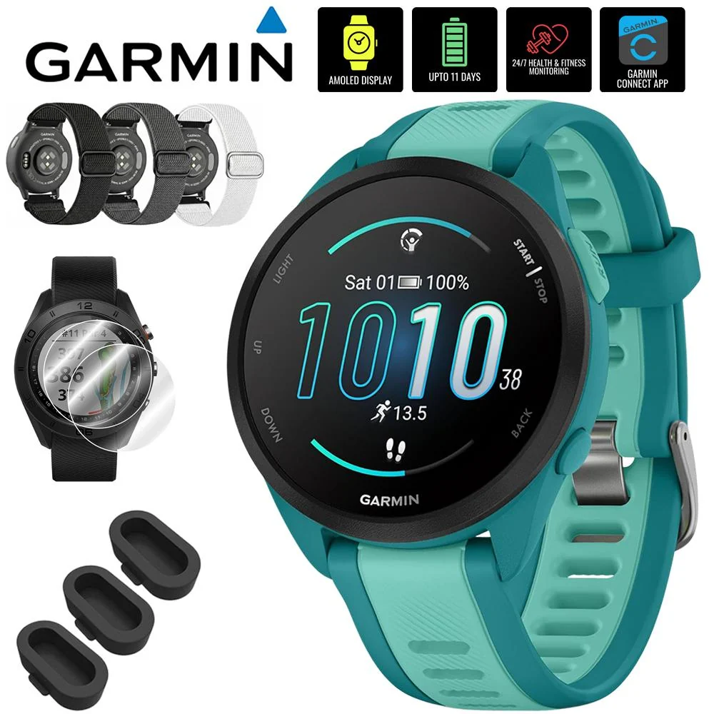 Garmin Forerunner 165 Music Smart Sport Watch, Turquoise + Aqua w/ Accessories Bundle