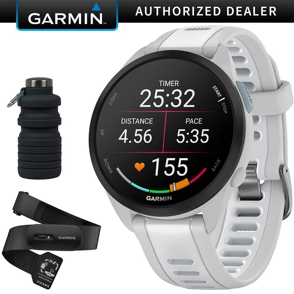 Garmin Forerunner 165 Music Smart Sport Watch w/ HRM 200 (M-XL) + Water Bottle Bundle
