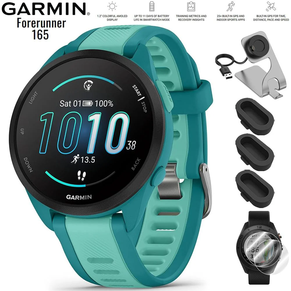 Garmin Forerunner 165 Music Sport Watch Turquoise + Aqua with Charging Bundle