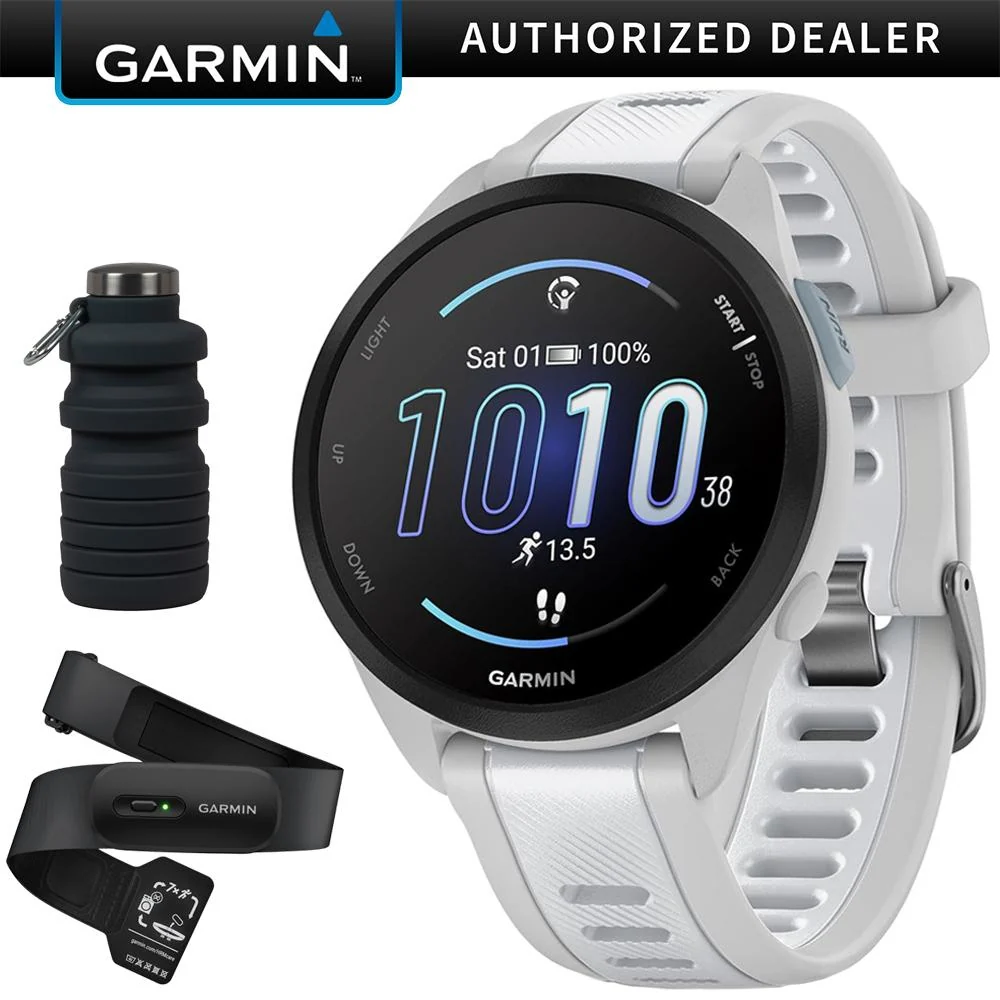 Garmin Forerunner 165 Smart Sport Watch, Mist Gray + Whitestone + HRM 200 (M-XL) Bundle
