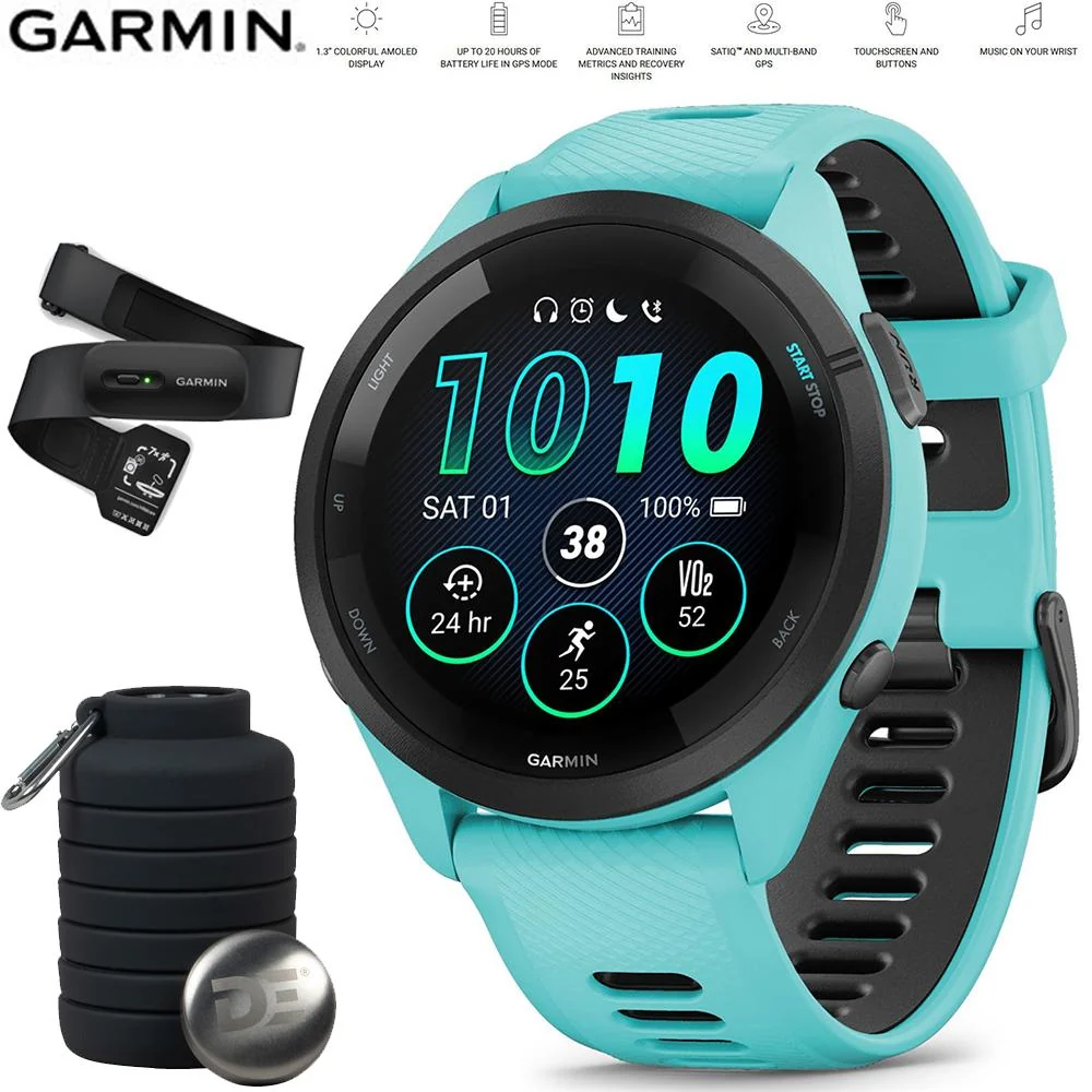 Garmin Forerunner 265 GPS Smartwatch Aqua/Black + Bottle & Heart Rate Strap M-XL - Image 3