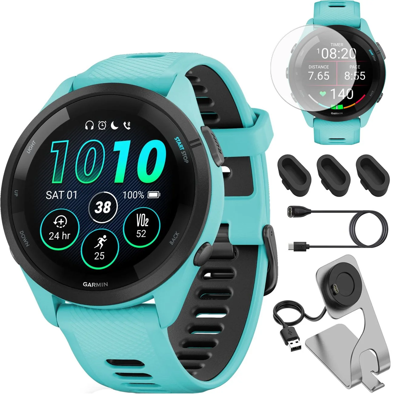 Garmin Forerunner 265 GPS Smartwatch, Aqua/Black + Charging Dock + Protector Bundle