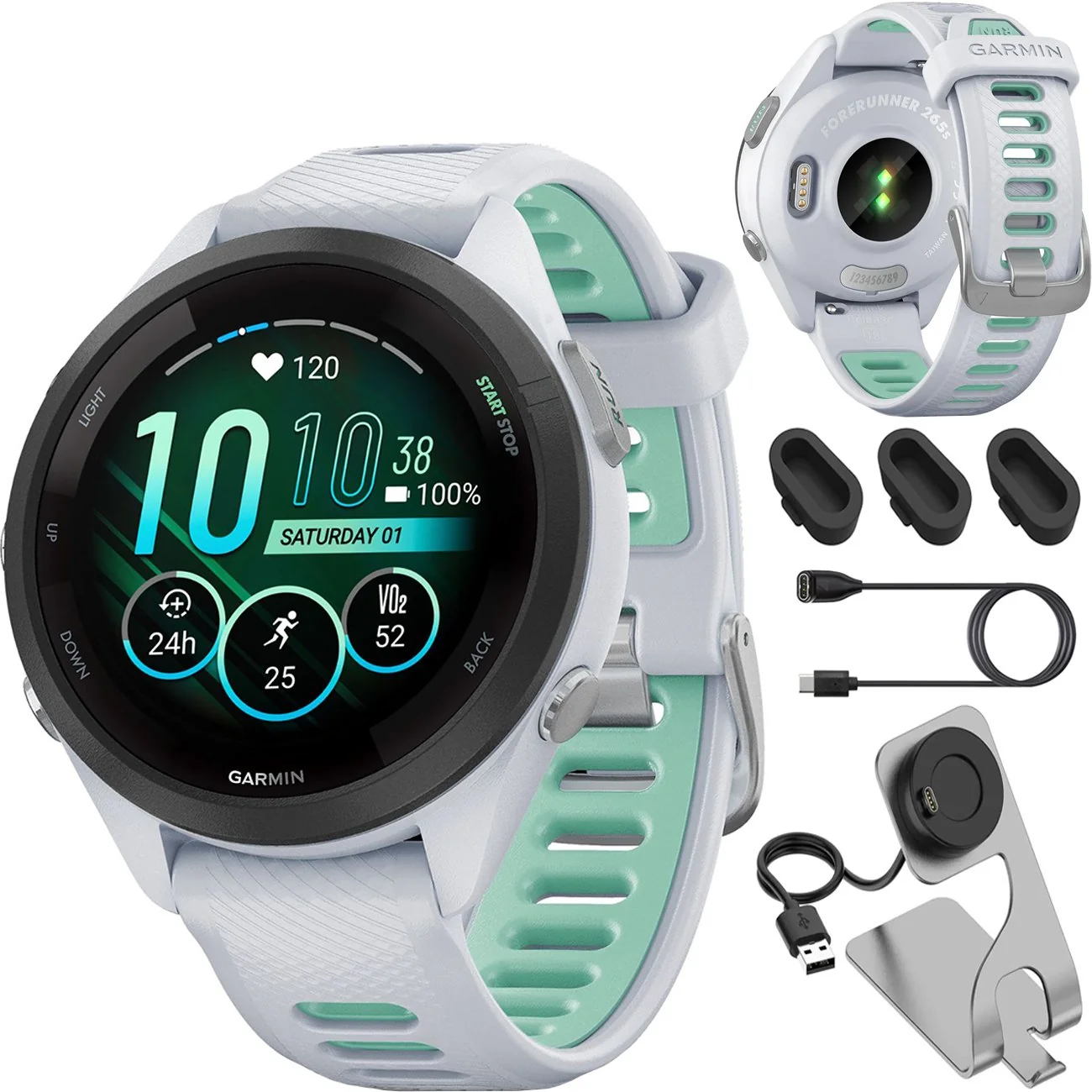 Garmin Forerunner 265S GPS Smartwatch Whitestone/Neo with Charging Dock Bundle