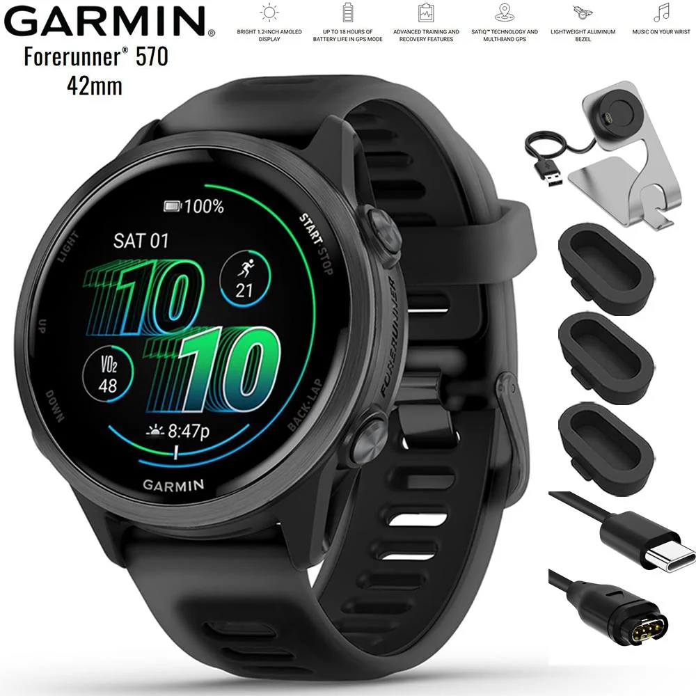 Garmin Forerunner 570 - 42mm GPS Smartwatch Black Band with Charging Dock Bundle