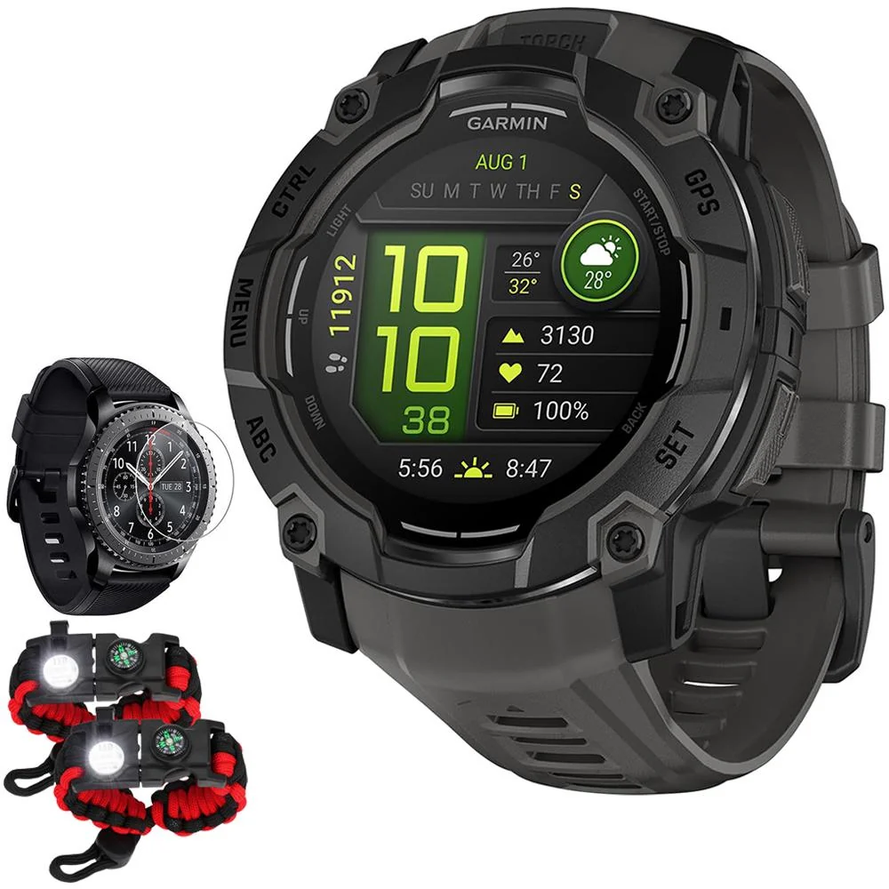 Garmin Instinct 3 50mm GPS Smartwatch, AMOLED, Black w/ Black Band + Accessories Bundle - Image 2