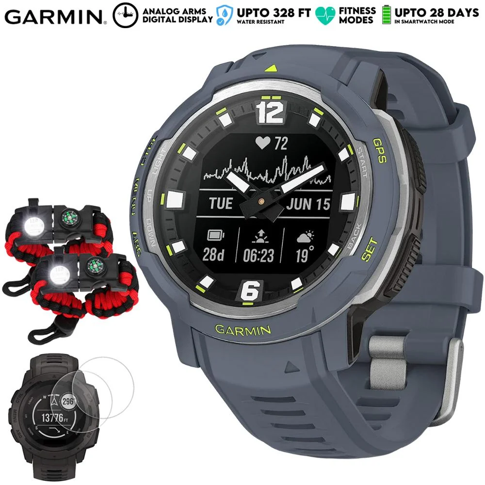 Garmin Instinct Crossover Analog/Digital Smartwatch, Blue Granite w/ Accessories Kit