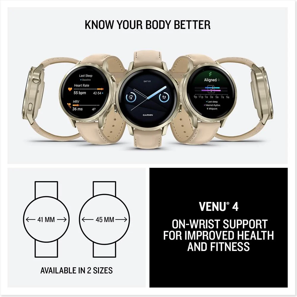 Garmin Venu 4 41mm Smartwatch Lunar Gold with Leather Band + Nylon Band Bundle - Image 7