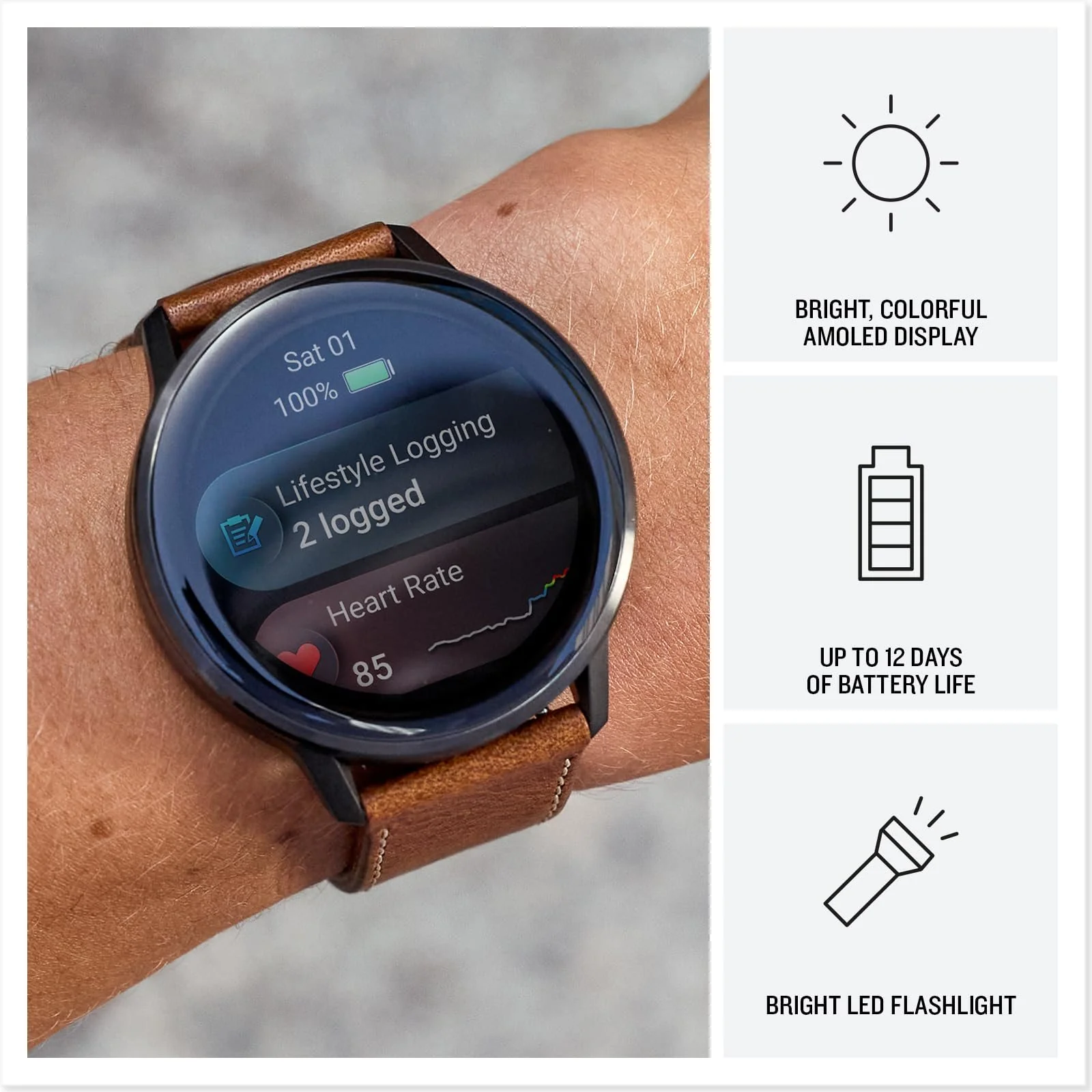 Garmin Venu 4,45 mm Smartwatch, Slate with Black Band and Brown Leather Band - Image 3