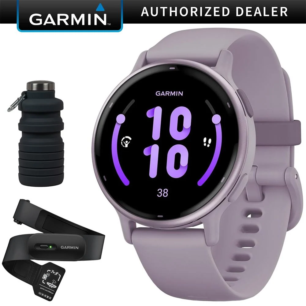 Garmin Vivoactive 5 Fitness Smartwatch, Orchid w/ HRM 200 (M-XL) + Water Bottle Bundle