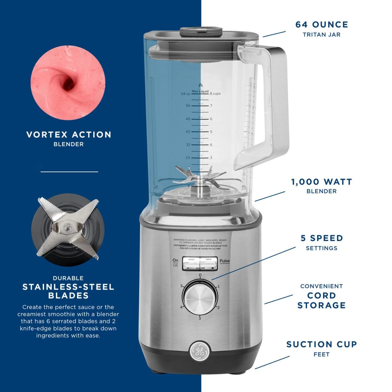 GE 5-Speed 64-Oz. Stainless Steel 1000-Watt Blender (Refurbished) - Image 5