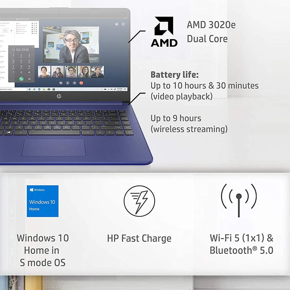 Hewlett Packard 14 HD PC Laptop; AMD 3020e; 4GB RAM/64GB - Blue (14-fq0010nr) - Open Box - Image 7
