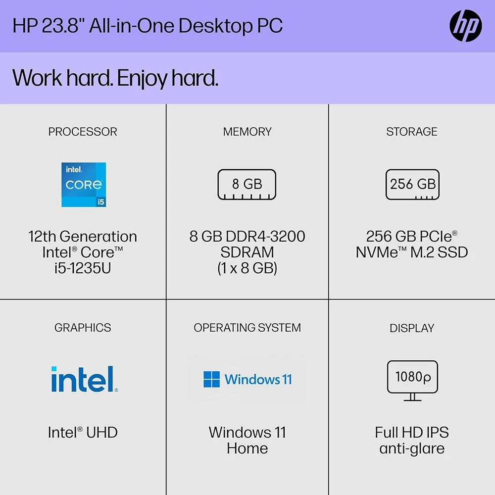 Hewlett Packard 24-cb1210 23.8" Intel i5-1235U 8GB/256GB All-in-One Desktop PC (9Y072AA) - Image 7