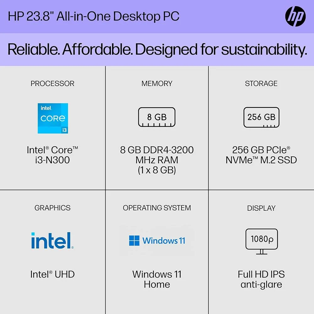 Hewlett Packard 24-cr0030 23.8-inch 8GB/256GB All-in-One Desktop PC - 7G9S5AA#ABA - Open Box - Image 2