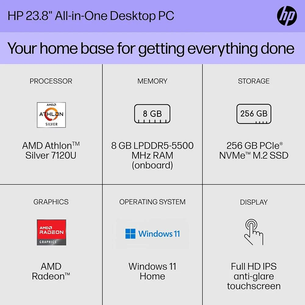Hewlett Packard 24-cr0110 23.8" AMD Athlon Silver 7120U 8GB/256GB All-in-One Desktop PC - Image 9