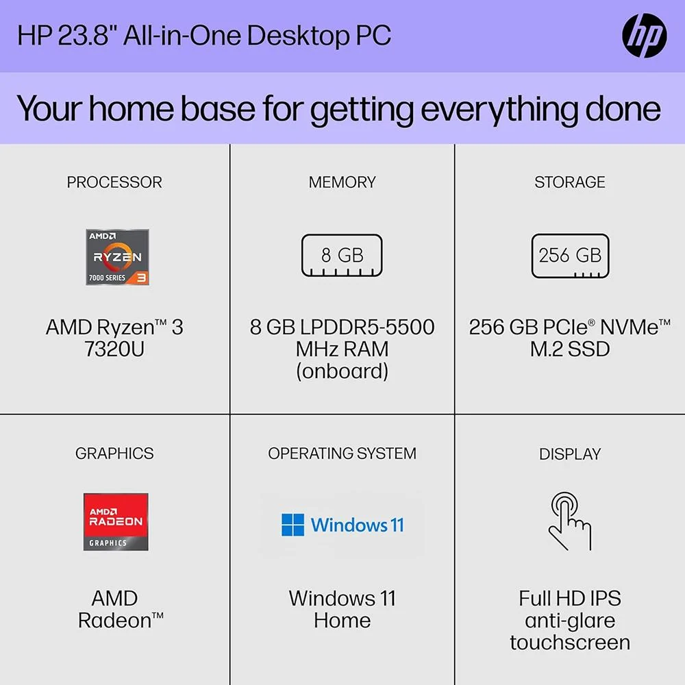 Hewlett Packard 24-cr0220 23.8" Touch AMD Ryzen 3 7320U 8GB/256GB All-in-One Desktop PC - Image 6