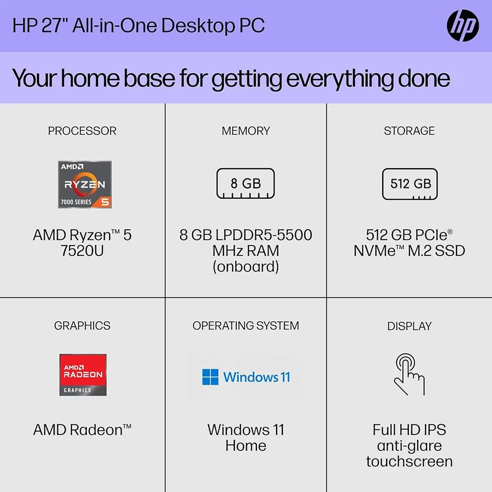 Hewlett Packard 27-cr0060 27" AMD Ryzen 5 7520U 8GB/512GB All-in-One Desktop PC, White - Image 6