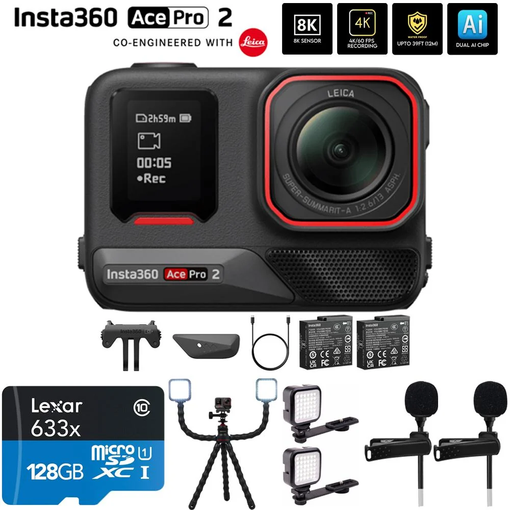 Insta360 Ace Pro 2 8K Waterproof Action Camera Dual Battery + Accessories Bundle