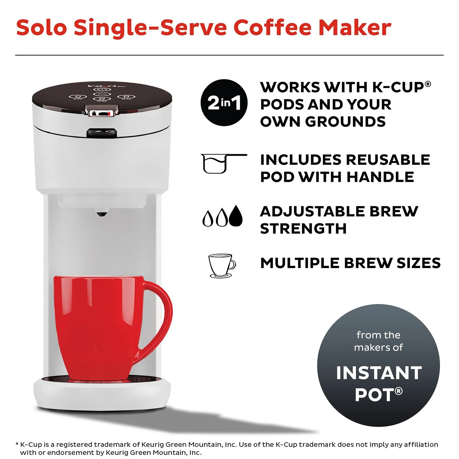Instant Pot Solo Single-Serve Coffee Maker, Ground Coffee and Pod Coffee Maker, White - Image 3