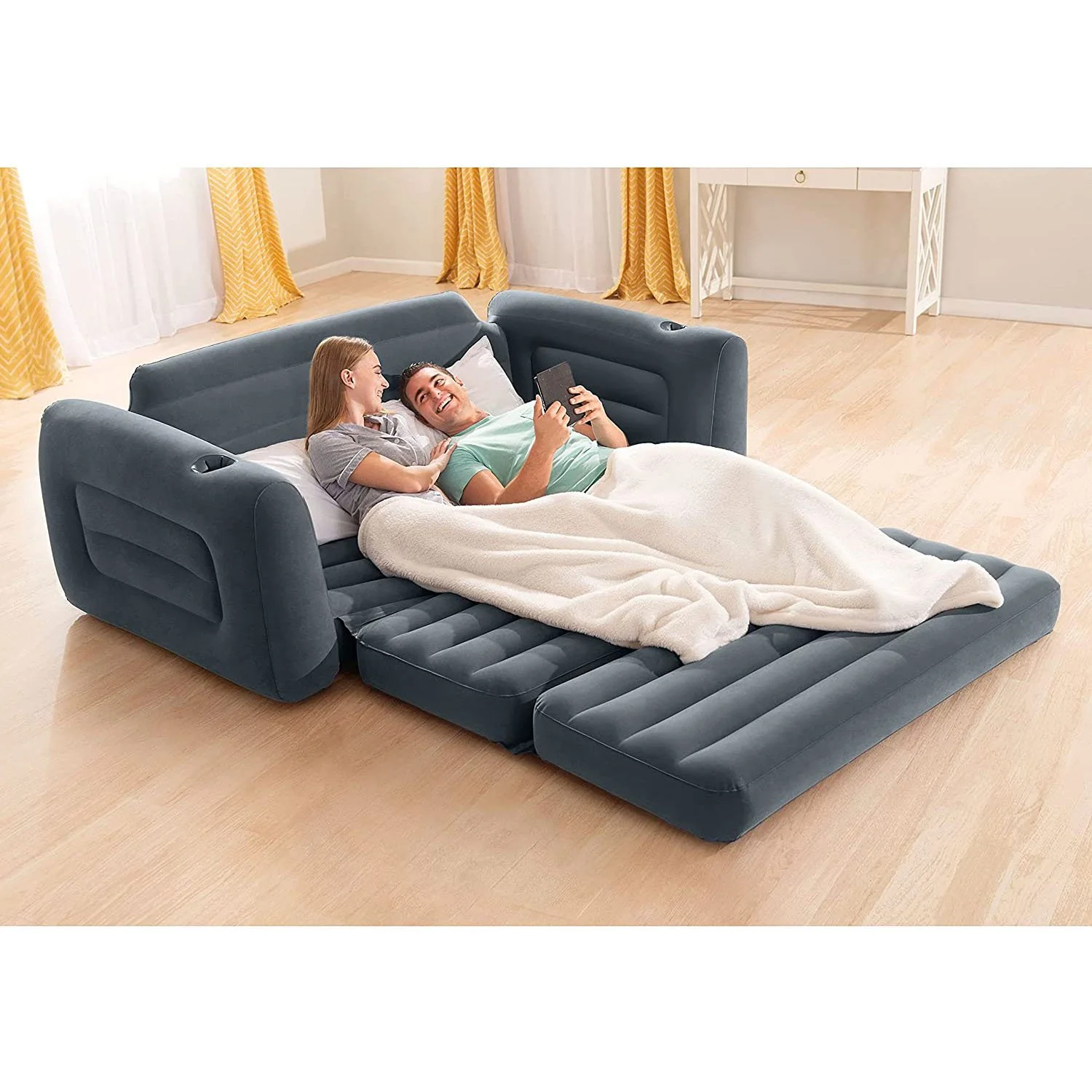 Intex Queen Inflatable Couch Pull Out Size Sofa Bed Sleep Away Futon, Gray - Image 3
