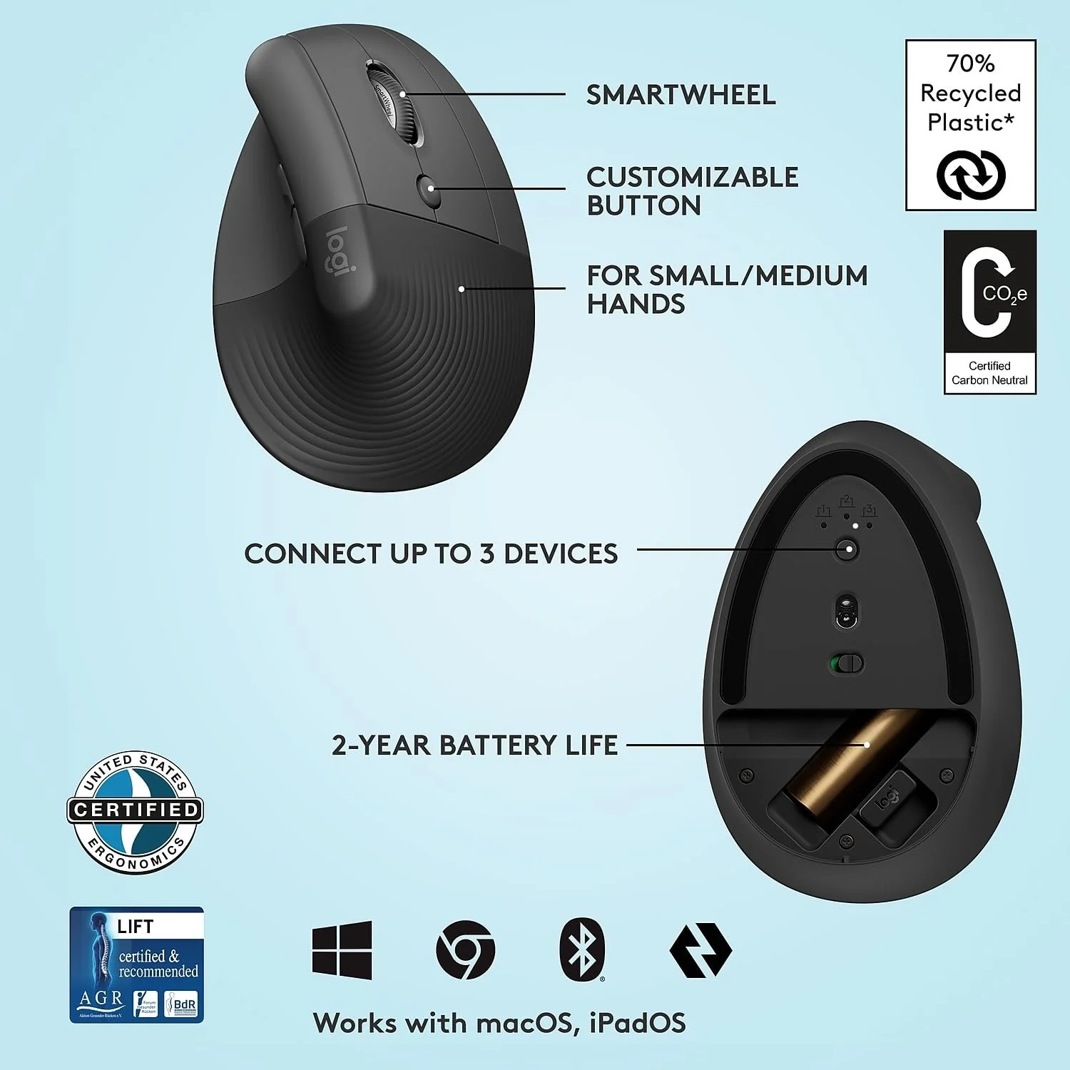 Logitech Core Ergo Series LIFT Vertical Ergonomic Wireless Mouse, Bluetooth/USB, Graphite - Image 6