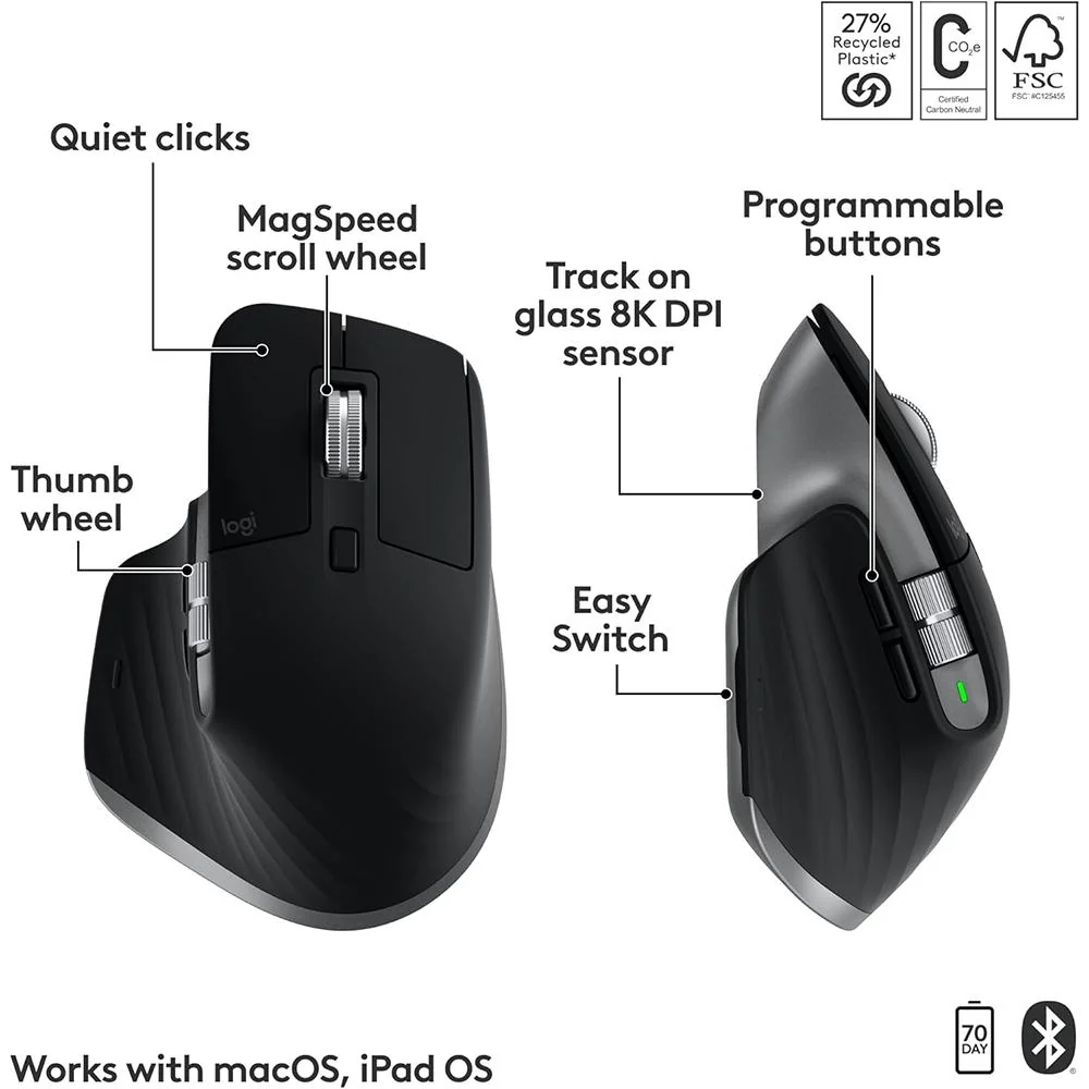 Logitech MX Keys S Combo for Mac, Wireless Keyboard, Mouse, Palm Rest - Space Grey - Image 5