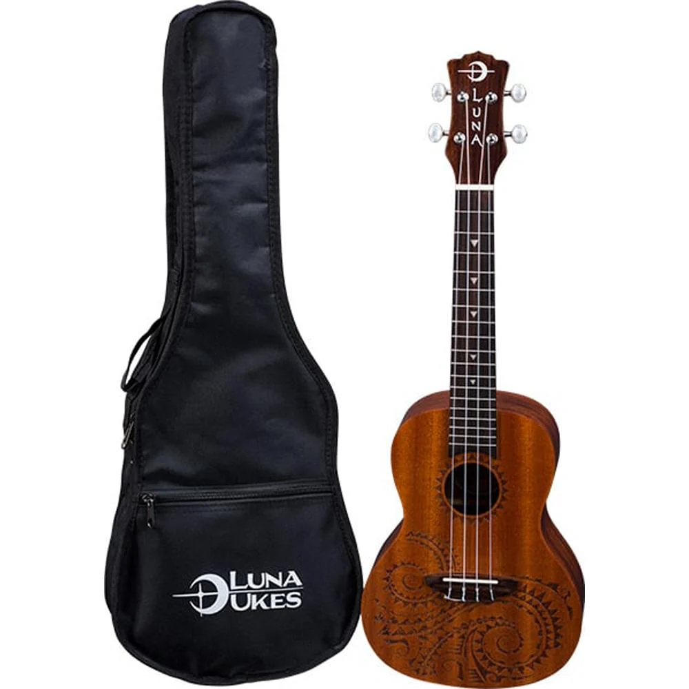 Luna Tattoo Concert Mahogany Ukulele w/ Gig Bag Satin Natural + Equipment Bundle - Image 15