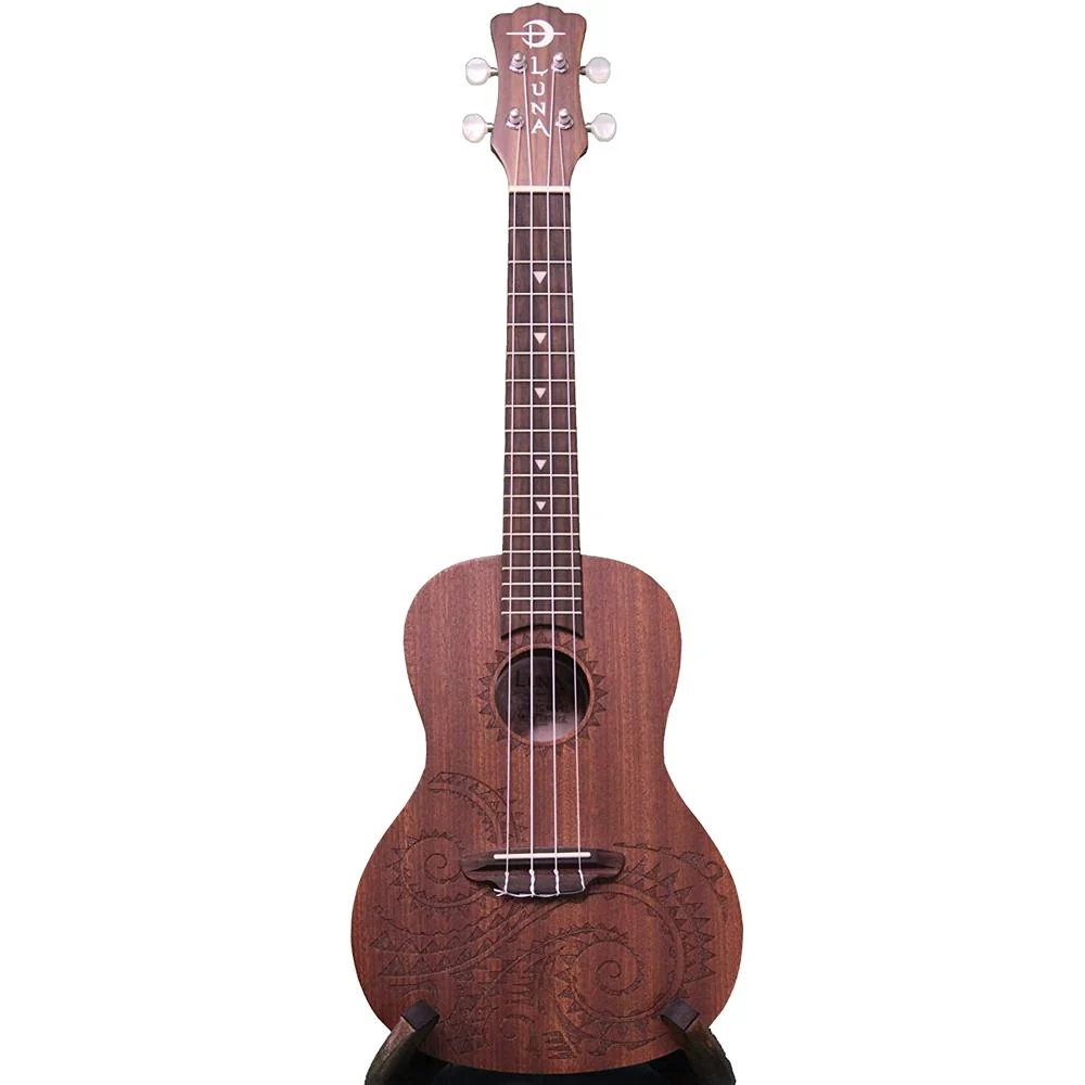Luna Tattoo Concert Mahogany Ukulele w/ Gig Bag Satin Natural + Equipment Bundle - Image 4