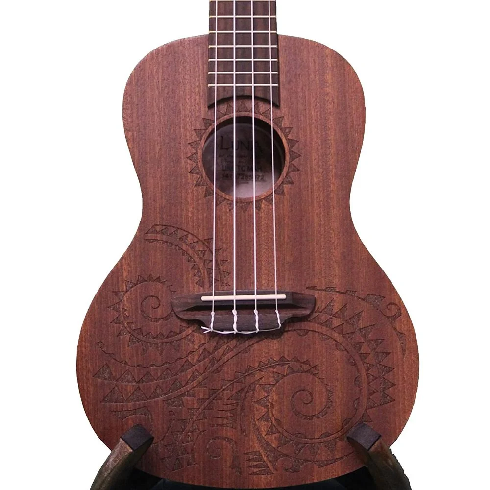 Luna Tattoo Concert Mahogany Ukulele w/ Gig Bag Satin Natural + Equipment Bundle - Image 5