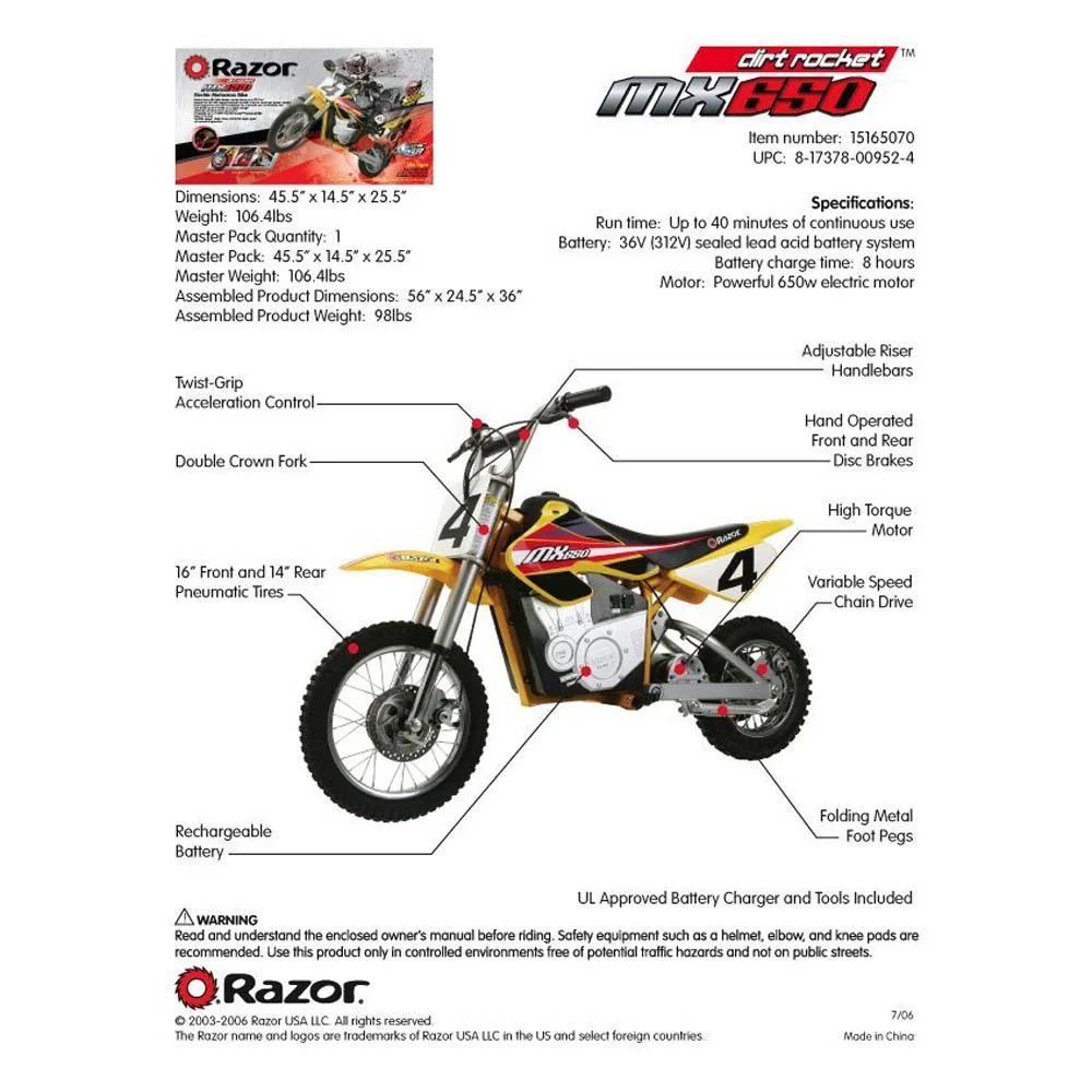 Razor MX650 Dirt Rocket Electric Motocross Bike 15165070 or 15165090 - Image 3