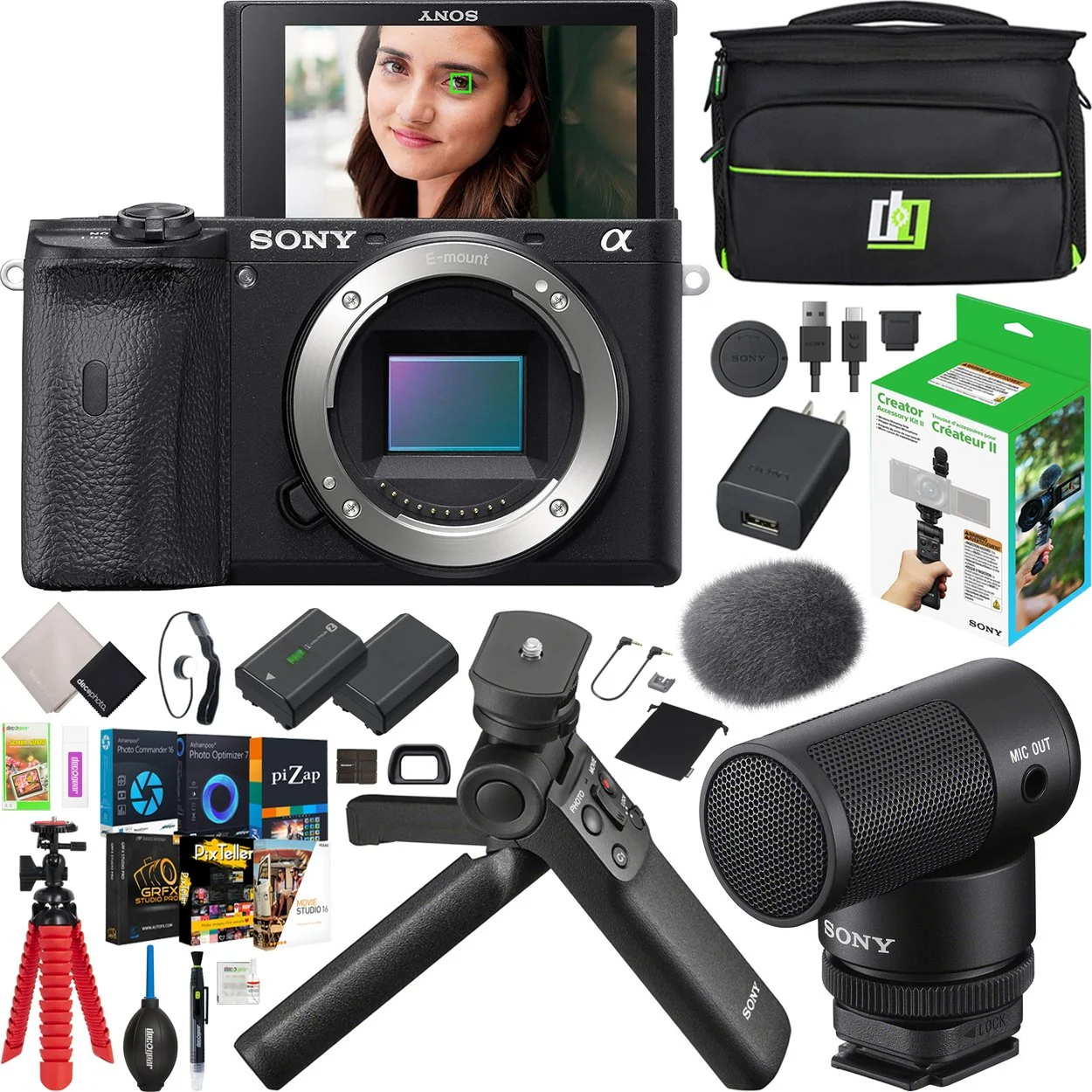 Sony  a6600 Mirrorless 4K Camera Body Kit + ACCVC2 Vlogger Tripod & Mic Bundle