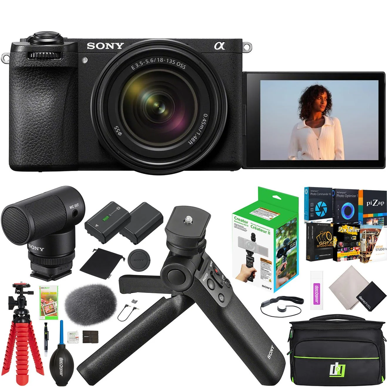 Sony a6700 Mirrorless Camera + 18-135mm Lens + ACCVC2 Vlogger Tripod & Mic Bundle