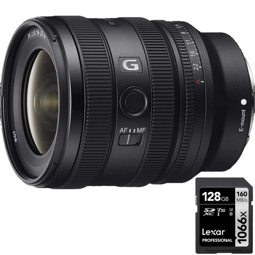 Sony FE 16-25mm F2.8 G Compact, Wide Zoom Lens + Lexar 128GB SDXC Memory Card