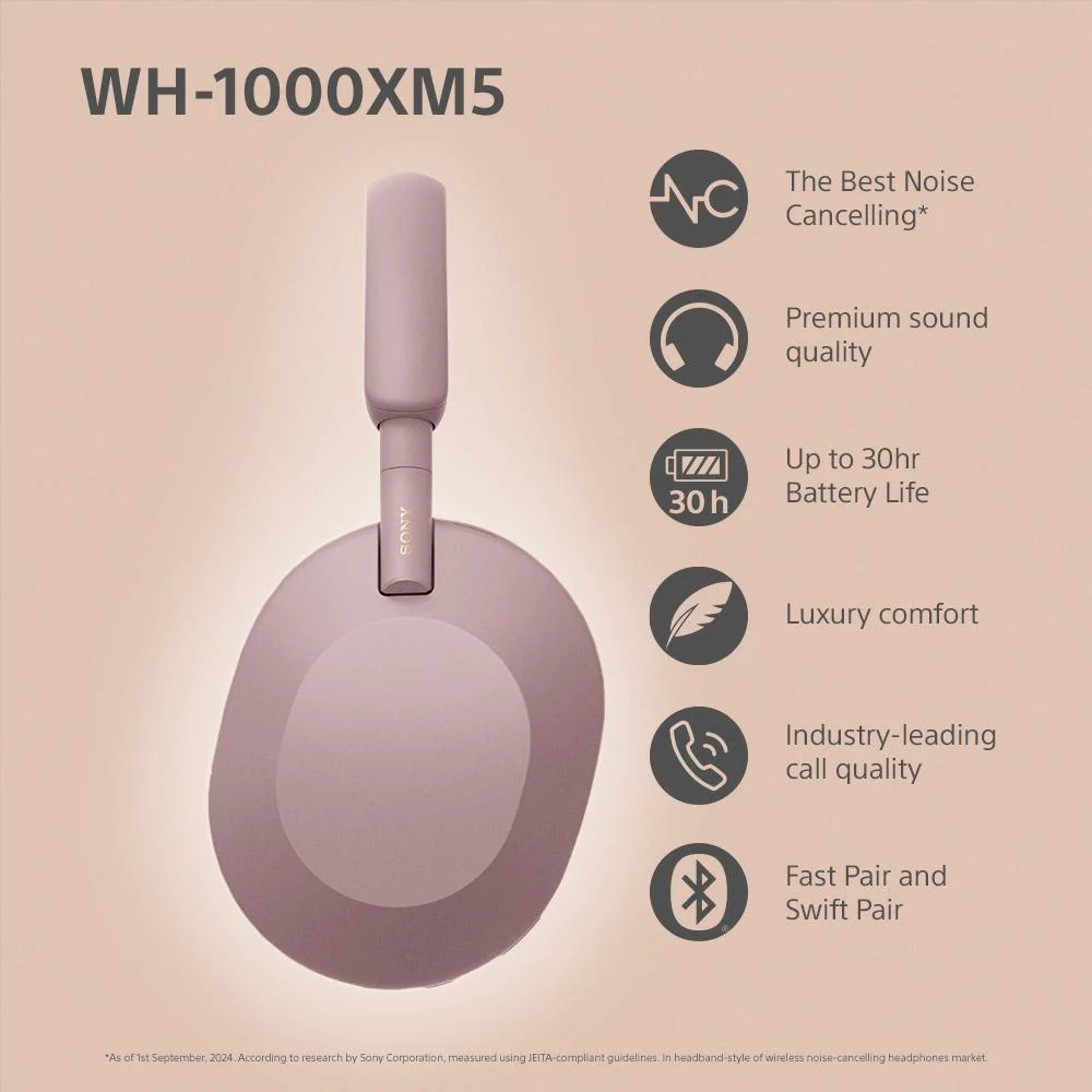 Sony WH-1000XM5 Wireless Industry Leading Noise Canceling Headphones, Smoky Pink - Image 8