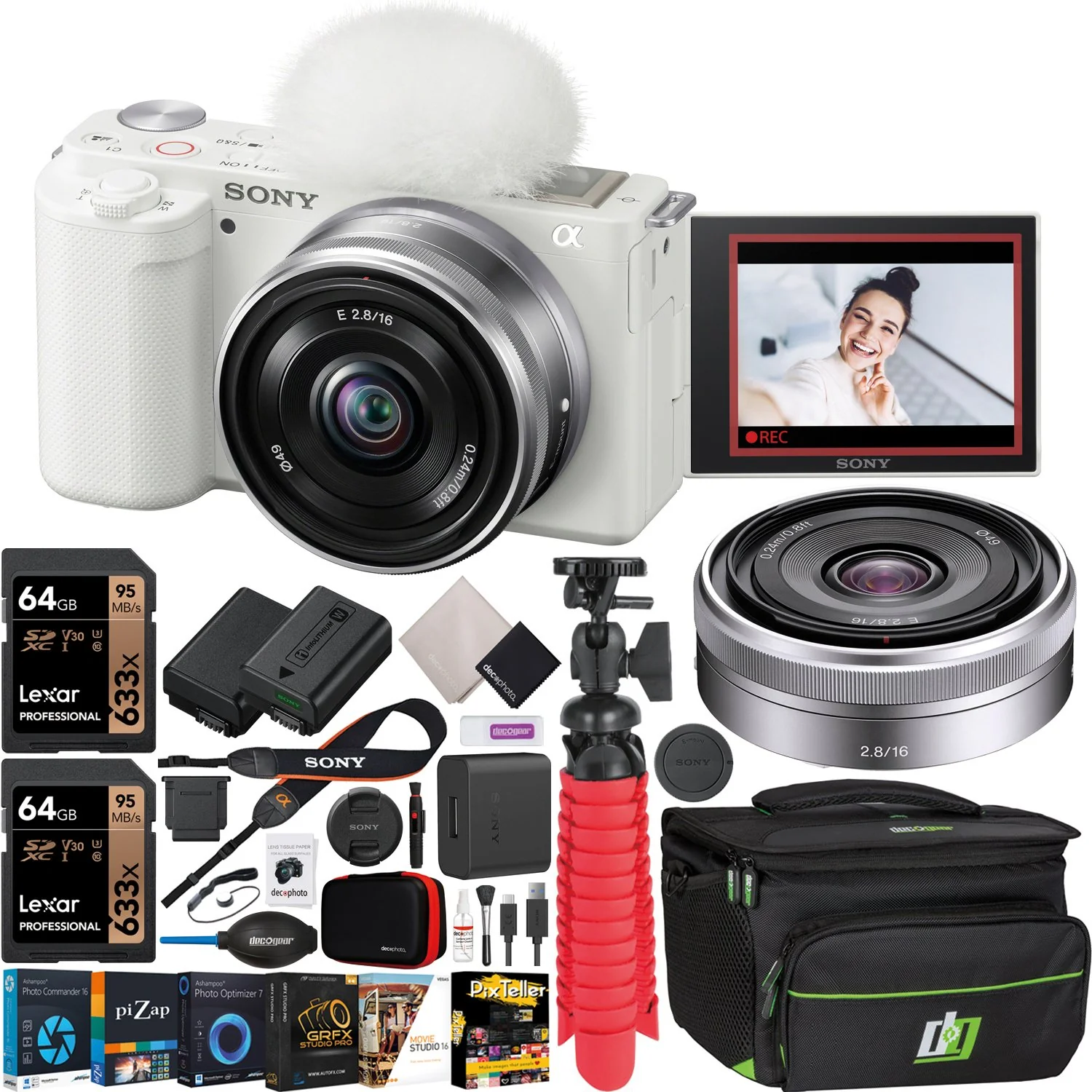 Sony ZV-E10 Mirrorless Alpha APS-C Vlog Camera Body + 16mm F2.8 Lens White Bundle