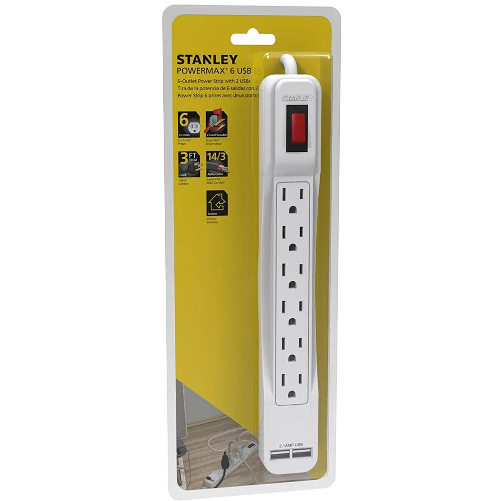 Stanley 30024 PowerMax USB, 6-Outlet Power Strip with 2 USB Ports (2.1A Total)