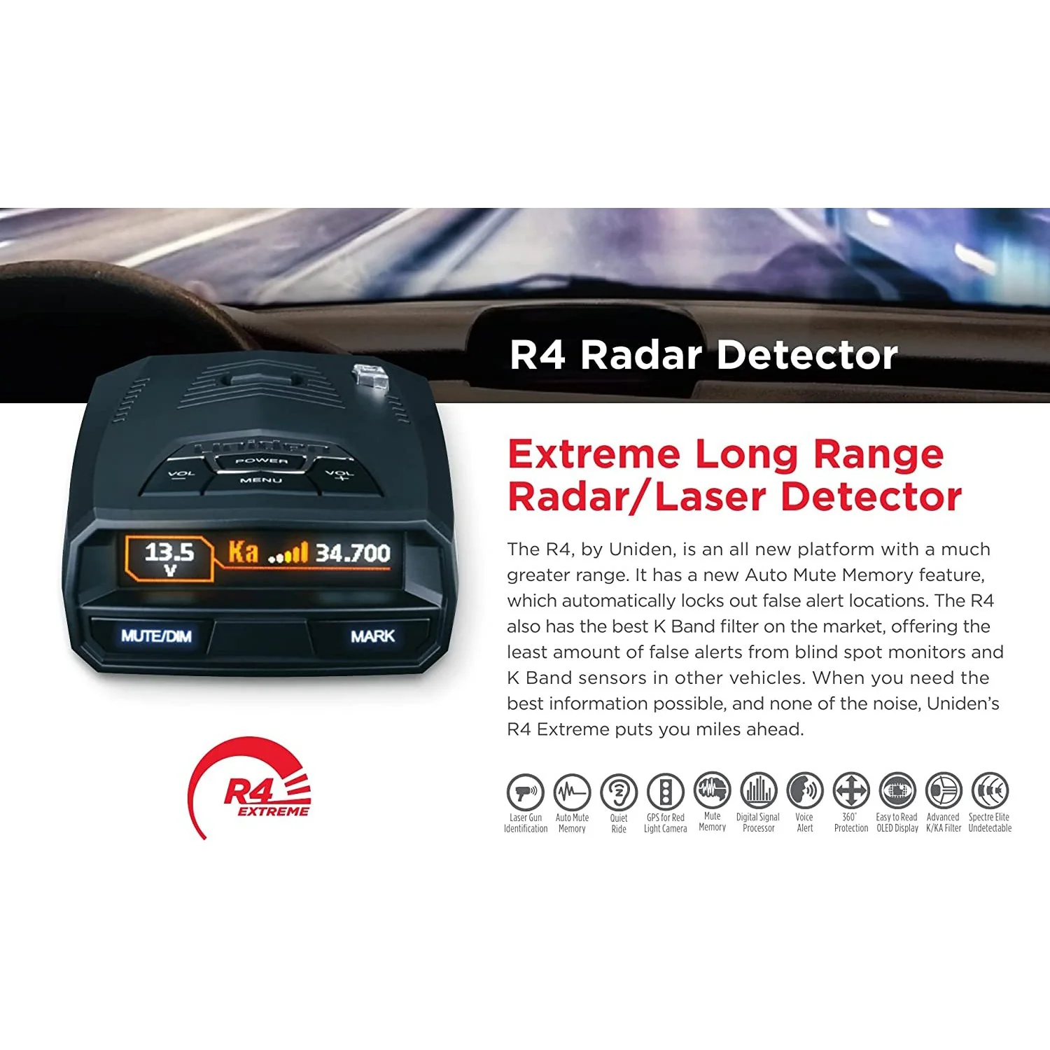 Uniden R4 Extreme Long Range Radar Laser Detector GPS, 360 Degree, DSP, OLED Display - Image 6