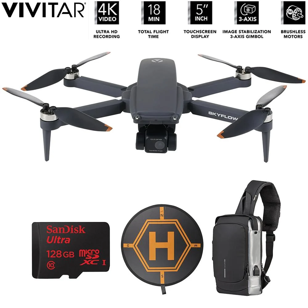 Vivitar SkyFlow GPS Foldable 4K UHD Video Drone with Sandisk 128GB Card Bundle