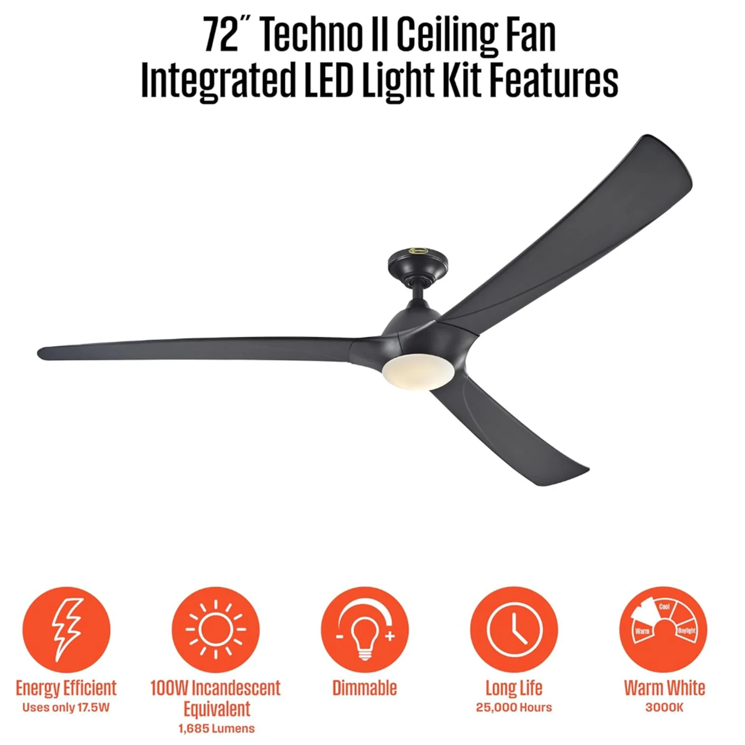 Westinghouse Techno II 72-Inch Indoor DC Motor Ceiling Fan with Dimmable LED Light Kit, Black - Image 5